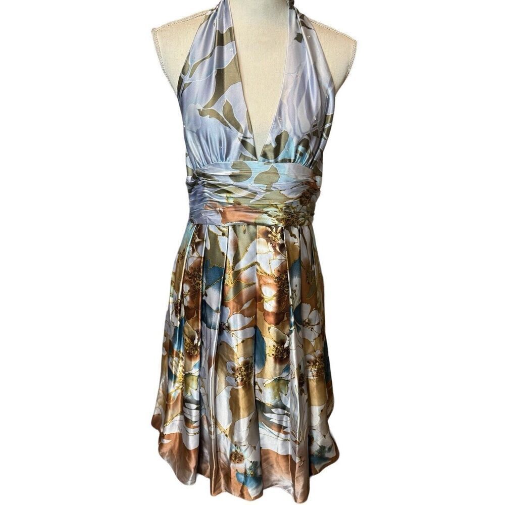 Adrianna Papell Occasions 100% Silk Blue Floral Halter Sequin Dress Y2K Sz 14 - Picture 1 of 14